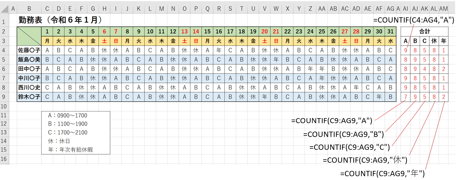 エクセルで勤務表の事例２